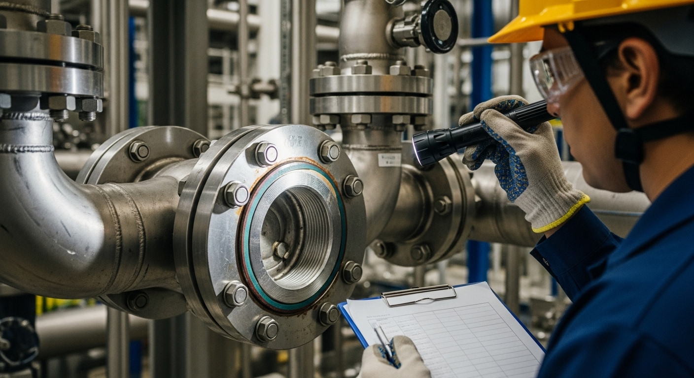 Engineer performing a visual inspection on threaded flanges in an industrial plant.